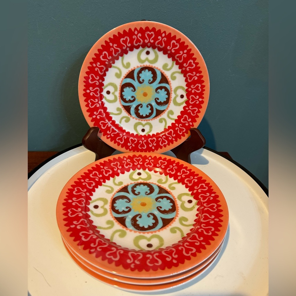 Set of 4 Anthropologie Suzani Spanish Medallion Mandala Salad Dessert Plates 8"